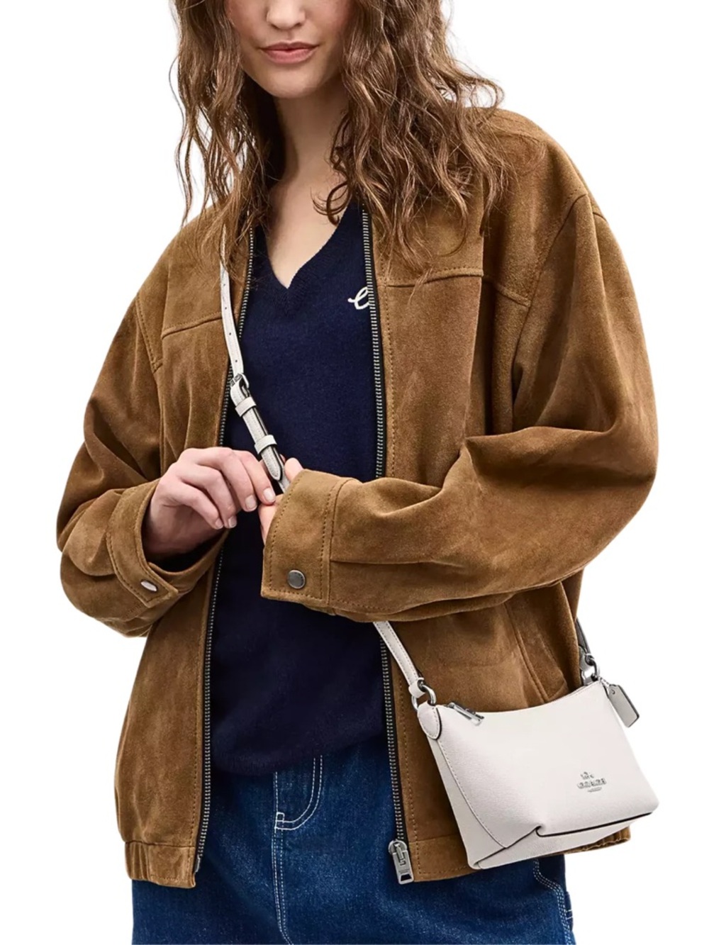 Coach CW336 Zip Top Crossbody Croissant Bag Crossgrain Leather Chalk Silver NWT - Picture 11 of 11